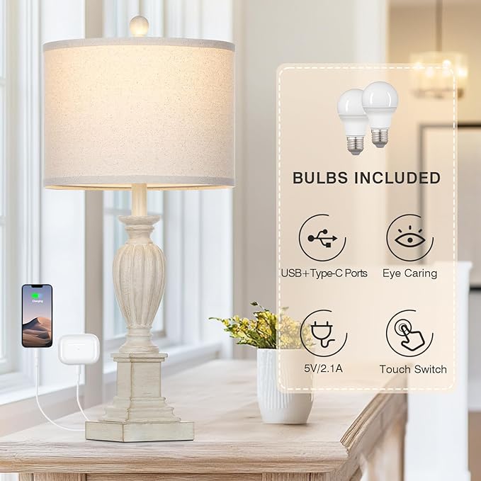 27" Farmhouse 3 Way Dimmable Touch Table Lamp Set of 2 Rustic Classic Bedside Nightstand Wood Lamps for Living Room Bedroom with USB C+A Ports Washed White (2 Bulbs Included)