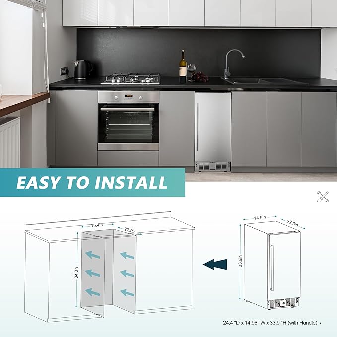 EUHOMY Beverage Refrigerator 15 Inch, Under Counter 127 Can Beverage Fridge with Stainless Steel Door, Beverage Cooler Built-in and Undercounter Drink Fridge - Soda Cola