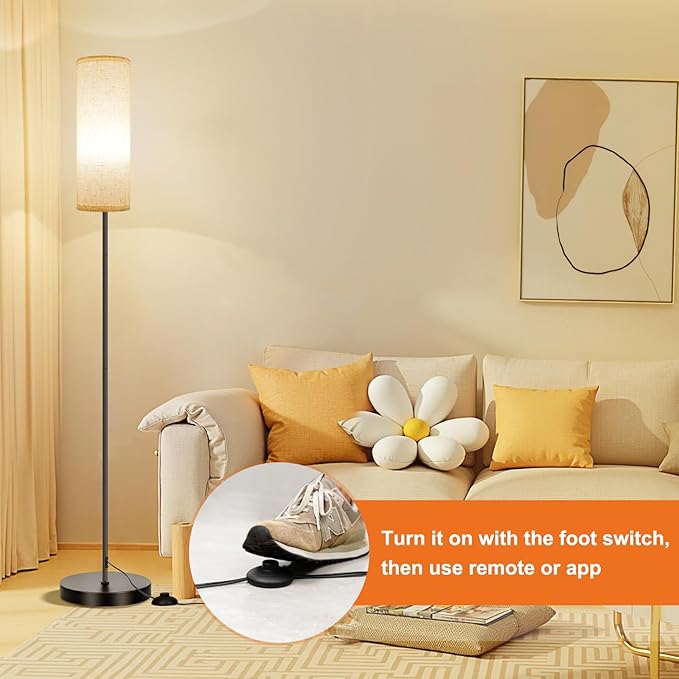 FRIDEKO HOME Floor Lamps for Living Room, Dimmable 3 Colors Temperature, Modern Corner Floor Lamp with Remote, Tall Standing Lamps for Kid Room Bedroom, Foot Switch, Beige Shade, 9W RGB LED Bulb