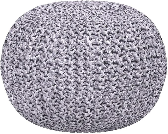 BIRDROCK HOME Round Pouf Ottoman | Cotton Braided Foot Stool with Bean Bag Filling | Boho Foot Rest for Living Room & Bedroom | Compact & Comfortable Seating, Lightweight & Soft | Light Grey