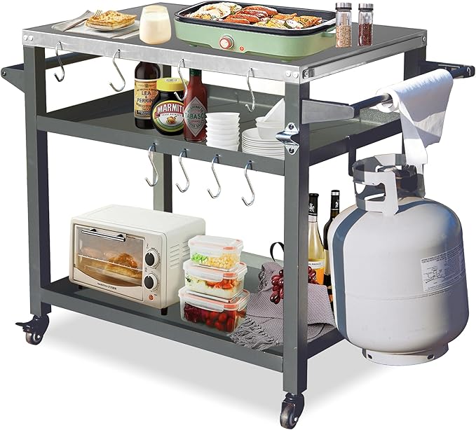 Domi 3-Shelf Outdoor Grill Table, Grill Cart Outdoor with Wheels, Pizza Oven and Food Prep Table, Blackstone with Stainless Steel Tabletop, BBQ Stand for Blackstone Griddle for Outside BBQ