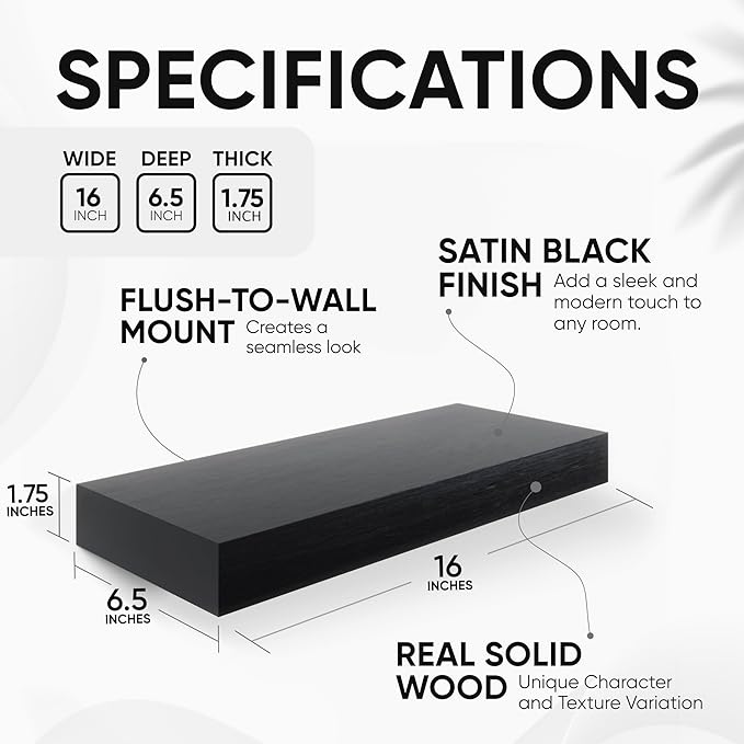 Homeforia 16 inch Black Floating Shelves, High End Solid Real Wood 16inch Bathroom Floating Shelves for Wall Mounted, 16in Wooden Small Floating Shelf, Heavy Duty Bracket, 16 X 6.5 X 1.75 in, Set of 2
