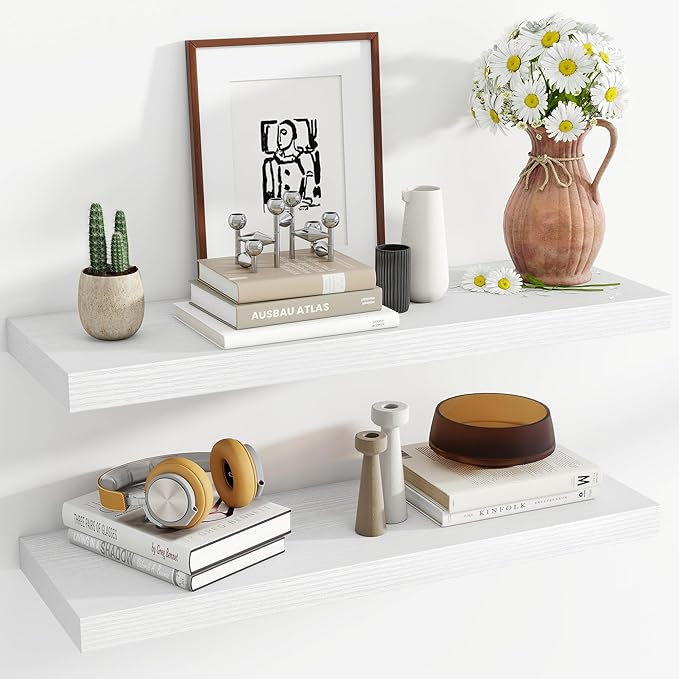 36 Inch Floating Shelves, 12 Inch Deep Floating Shelves for Wall, Floating Shelf with Invisible Brackets, Large Deep Wall Shelves for Bathroom, Bedroom, Living Room, 2 Pack, White