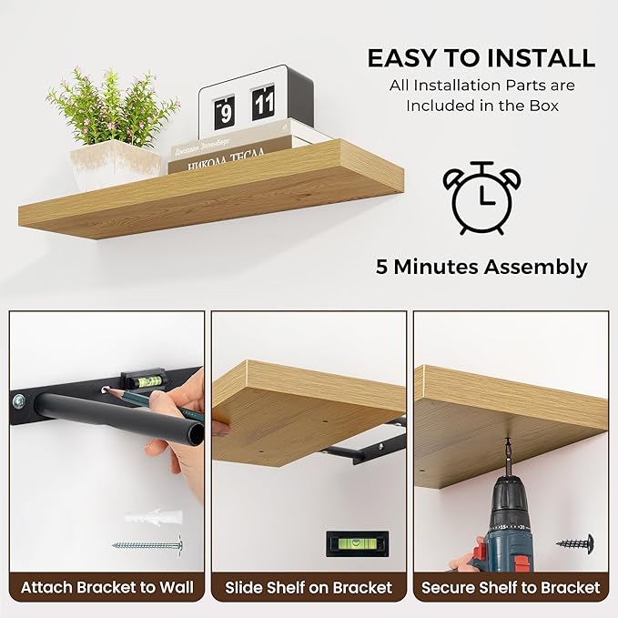 24 inch Floating Shelves Long Floating Shelves for Wall Large Wall Mounted Shelves with Invisible Brackets, Oak Shelves for Bathroom, Living Room, Kitchen, Office, 24x6.7 inch deep Set of 2
