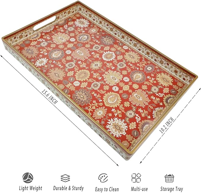 Spsyrine Serving Tray, Plastic Rectangular Coffee Table Tray with Handles, Modern Decorative Tray for Living Room, Ottoman, Home Decor, 15.6” X 10.2"