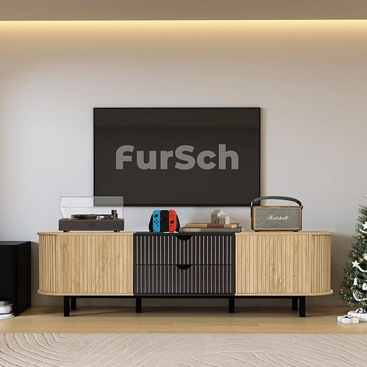 71" Tambour Door TV Stand,Wood Mid Century Modern TV Cabinet for Up to 85“ TV,Curved Edge Long TV Stand with Storage for Bedroom Living Room(Natural, 71inch)