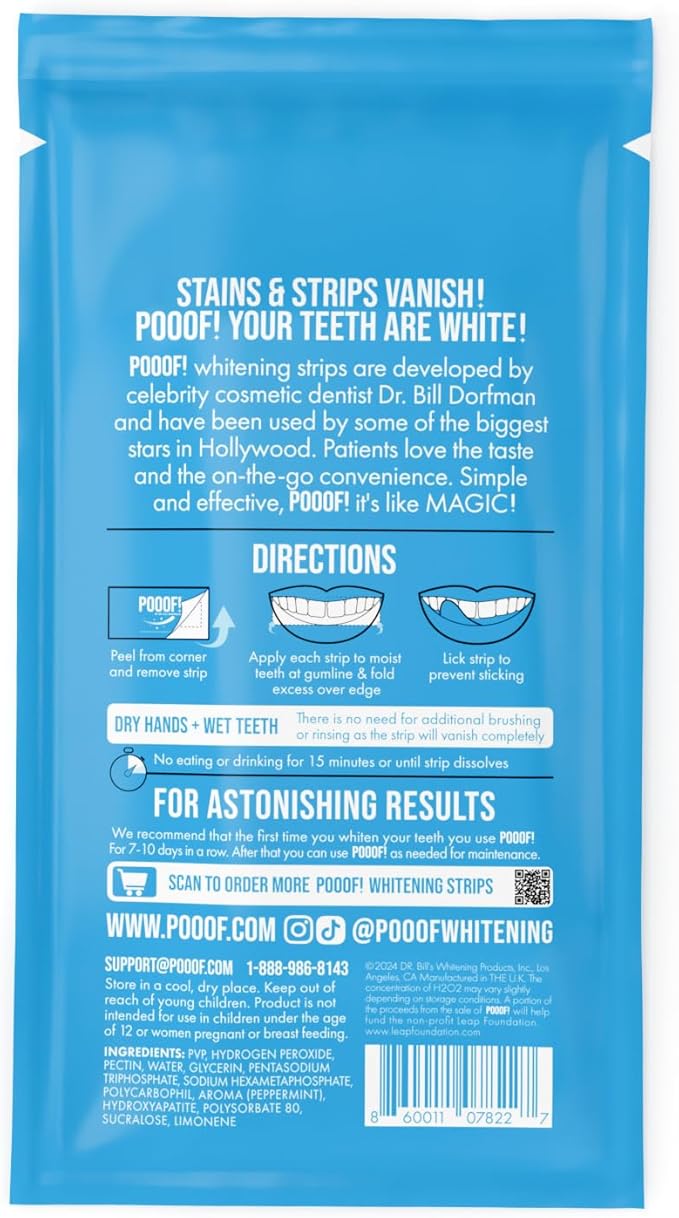 POOOF! Dissolving Teeth Whitening Strips by Dr. Bill Dorfman | 12% Hydrogen Peroxide | No-Slip Melt-Away Advanced Seal | Fast Stain Removal | Enamel & Sensitive Safe | 20 Ct (10-Day) | Polar Mint