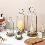 16" High Versatile Modern Metal Hurricane Lantern with Handmade Sturdy Glass Dome for Pillar Candle & Plants (Brass, 6.3"x16.5")