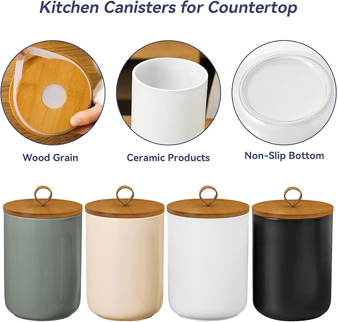 Large Ceramic Storage Jars, Modern Elegant Highly Polished Airtight Gorgeous Storage Canisters with Wooden Lid Food Storage Jar for Kitchen Spice Tea Vanilla Sugar Coffee Beans (White)