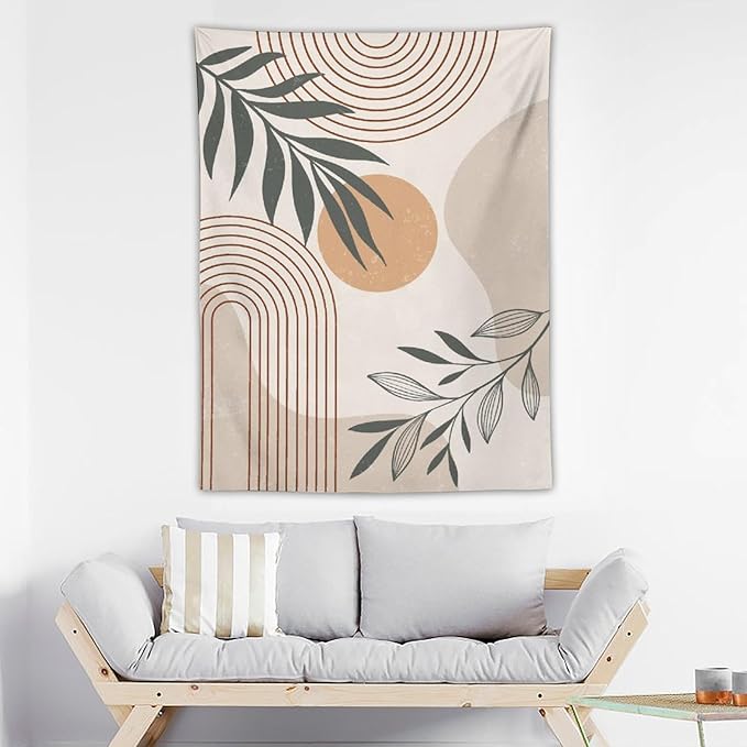 Abstract Boho Tapestry, Mid Century Tropical Tree Leaves Modern Geometric Arch Bohemian Botanical Tapestry, Home Aesthetic Wall Hanging Art Decor for Living Room Bedroom Dormitory 60x60 Inch