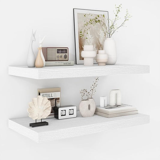 Fun Memories Floating Shelves - 2 Pack 12 Inch Deep Rustic Wooden Wall Shelves - Extra Deeper & Thicker Wall Mounted Storage Shelf for Living Room, Kitchen, Farmhouse - 24" W x 12" D x 1.5" H - White