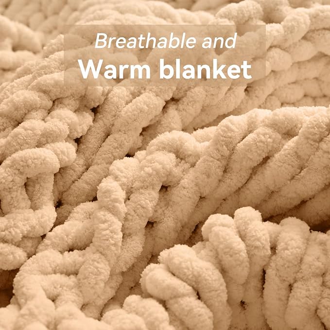 Chunky Knit Throw Blanket, 80''*90'' Knitted Throw Chenille Yarn for Bed Couch, Handmade Beige Crochet Big Thick Blanket, Machine Washable Cute Comfy Blanket for Home Decor
