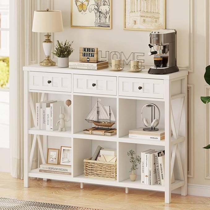 FATORRI 6 Cube Storage Bookshelf with 3 Drawers - White Oak 47"