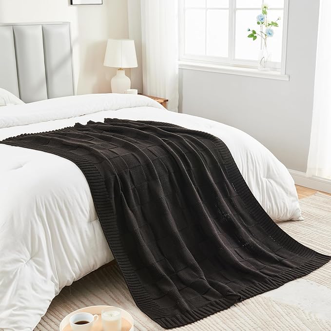 CozeCube Check Knit Throw Blanket, Jet Black Checkered Throw for Couch, Decorative Christmas Soft Cozy Warm Knitted Blanket for Bed Sofa Living Room, 50"X60"