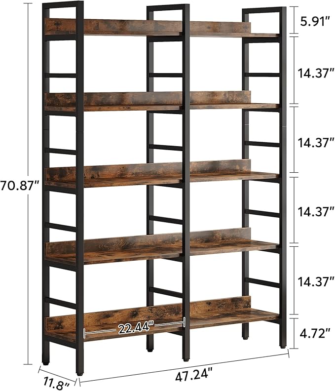 Tribesigns 5-Tier Industrial Bookshelf, 71”H x 47”W Etagere Bookcase, Freestanding Double Wide Book Shelf for Storage and Display, Wood and Metal Bookshelves for Living Room Home Office, Rustic Brown
