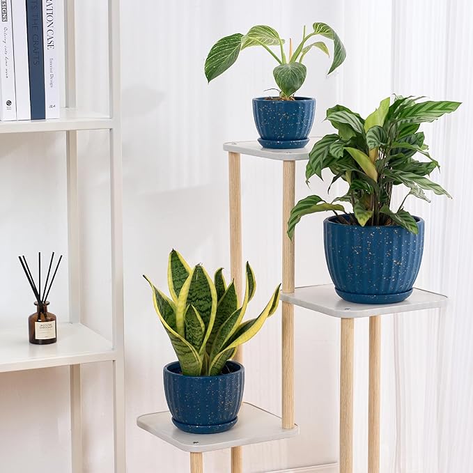 4/5/6 Inches Ceramic Plant Pots with Drainage Holes and Saucers, Round Flower Pots for Indoor Plant, Modern Flower Planters Set of 3 (Blue with Dot-Big Size)