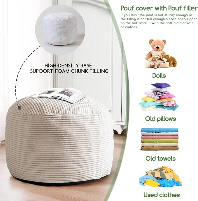 HIGOGOGO Round Stuffed Pouf Ottoman, Corduroy Poufs with Foam Chunk Filling, Furry and Fluffy Pouf Foot Stool Storage Ottoman, 26 X 18 Floor Poufs Foot Rest for Living Room, Beige