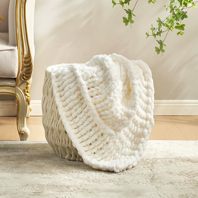 Amélie Home Chunky Knit Throw Blanket for Couch, Soft Chenille Crochet Blanket for Sofa, 50"x60", Ivory