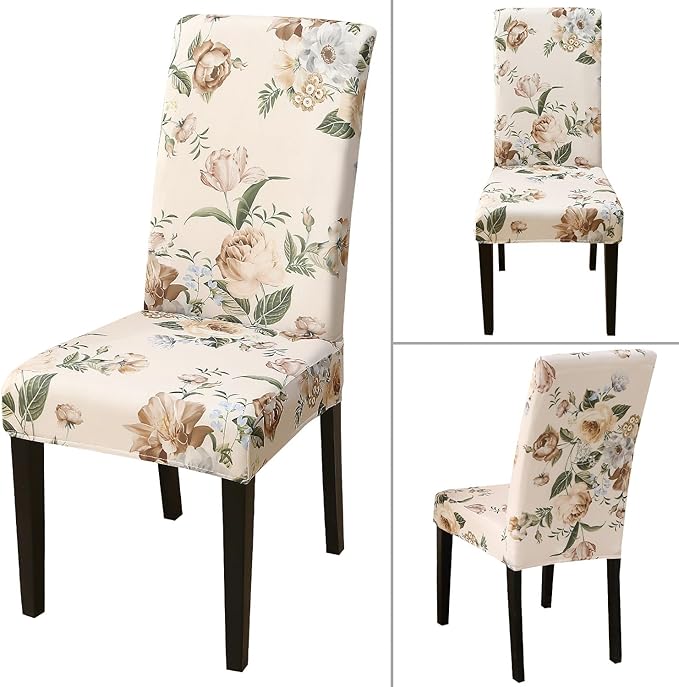 JQinHome Pattern Chair Covers for Dining Room Set of 4, High Stretch Removable Washable Parsons Chair Slipcover for Home Party Hotel Wedding Ceremony (Peony Flower,4PCS)
