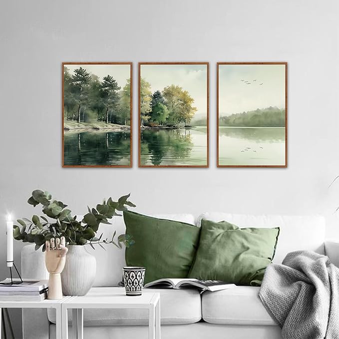 KAIRNE Framed Nature Canvas Wall Art Set,Misty Forest Wall Decor,Green Mountain Forest Pictures,Lake Water Painting set of 3(16”x24”),Landscape Scene Print for Living Room, Bedroom,Gallery Decor