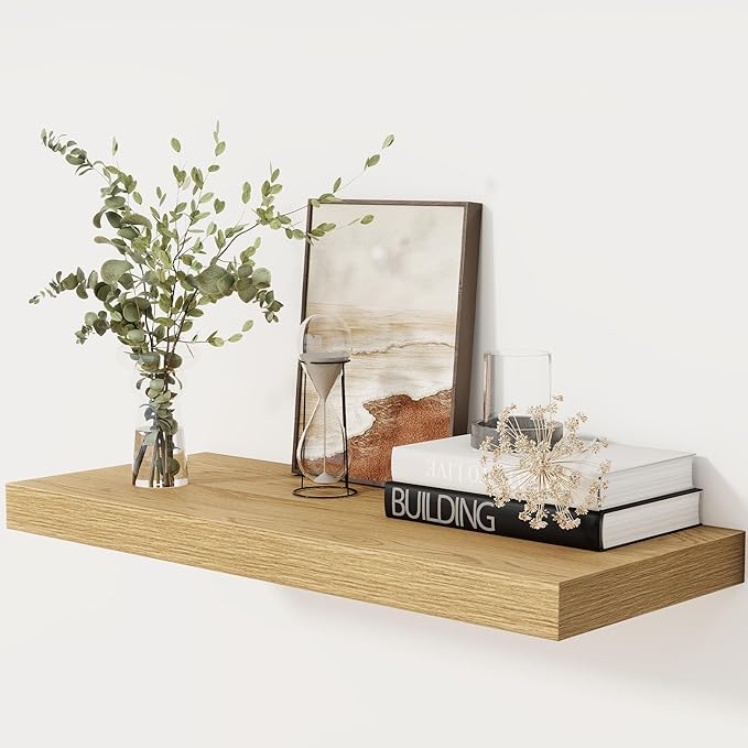 Floating Shelves 30 Inch Long, 12 Inch Deep Floating Shelf for Books, Rustic Wood 30 x 12 Storage Shelves for Wall Storage & Display, Thicked Wall Shelf for Kitchen, Living Room, Oak Color, 1 Pack