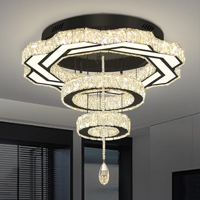 Flashing God Modern Crystal Chandeliers Dia 24" Black Chandelier Flush Mount Ceiling Light for Bedroom Living Room Dining Room Hallway Dimmable 3 Rings LED Celing Lighting Fixtures