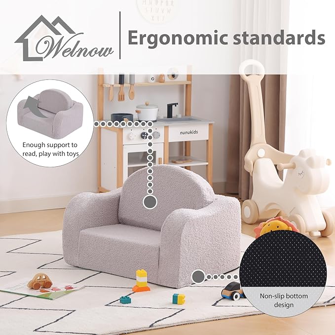 Welnow 2-in-1 Kids Sofa Chair, Convertible Toddler Chair Flip Out Children Sofa Chair with Wave Armrests Folding Kids Play Sofa with Side Pockets & Removable Cover Armchair for Girl or Boy