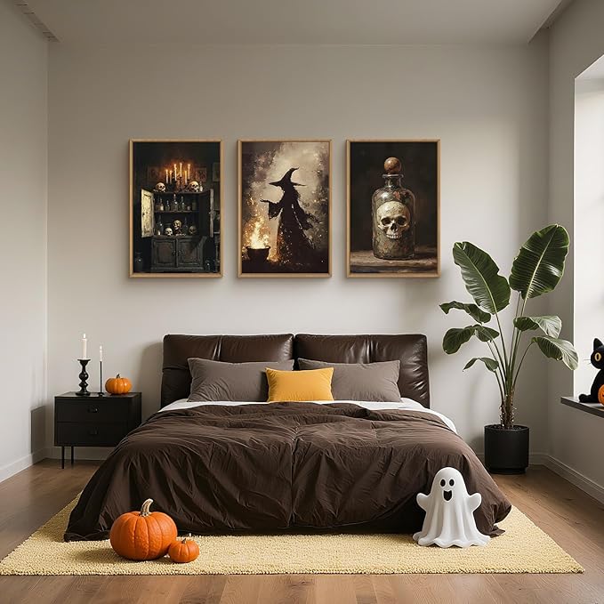HPNIUB Halloween Witch Framed Canvas Wall Art Set, Terrifying Skeleton Poster Artwork, Vintage Halloween Wall Decor, Dark Academia Gothic Pictures for Bedroom Living Room Bathroom Party-16 x24 x3