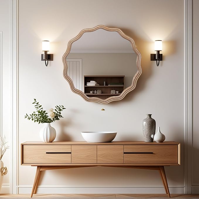Round Mirror Vanity Mirrors for Bathroom with Wavy Wood & Beaded Frame - Wall Mirrors for Living Room,Entry Mirrors for Wall,Decorative Mirror
