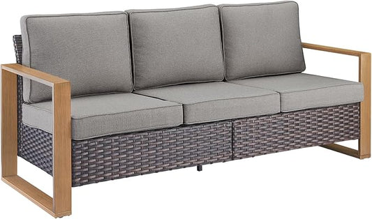 Outdoor Couch Wicker Patio Sofa, Rattan Patio Furniture Sofa with Sturdy Frame,All-Weather PE Wicker,Wide Armrest,Deep Seating and Thick Cushions for Deck Porch Garden(Brown/Grey)