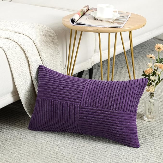 Fancy Homi 2 Packs Purple Lumbar Decorative Throw Pillow Covers 12x20 Inch for Living Room Couch Bed, Farmhouse Boho Home Decor, Soft Striped Corduroy Rectangle Accent Cushion Case 30x50 cm