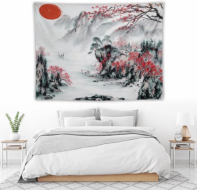 Cherry Blossoms Tapestry,Japanese Red Landscape Asian Watercolor Abstract Art Tapestry, Asian Japanese Wall Tapestry, Nature Landscape Tapestries for Bedroom Living Room Decor 80"x60"