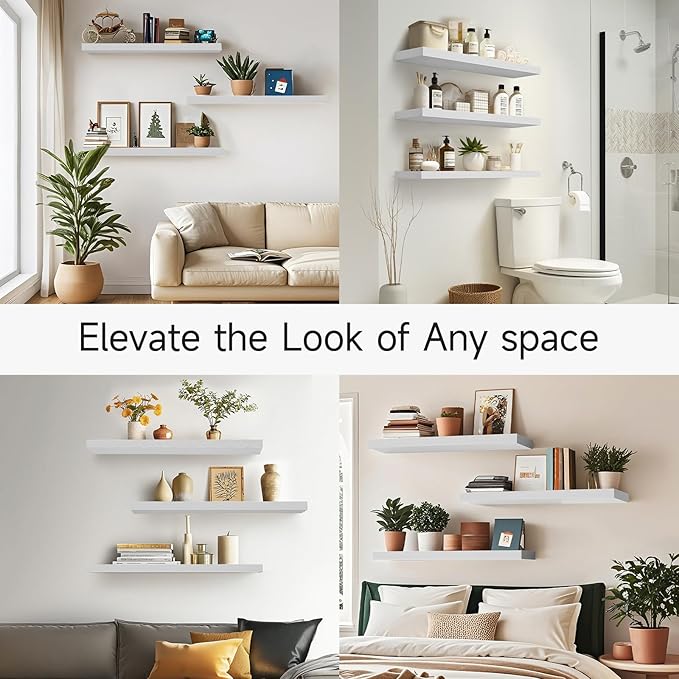 BAYKA Floating Shelves for Wall, 36 inches Wall Mounted Rustic Wood Shelves for Bathroom, Bedroom, Living Room, for Storage/Decor with 30lbs Capacity（White,Set of 3