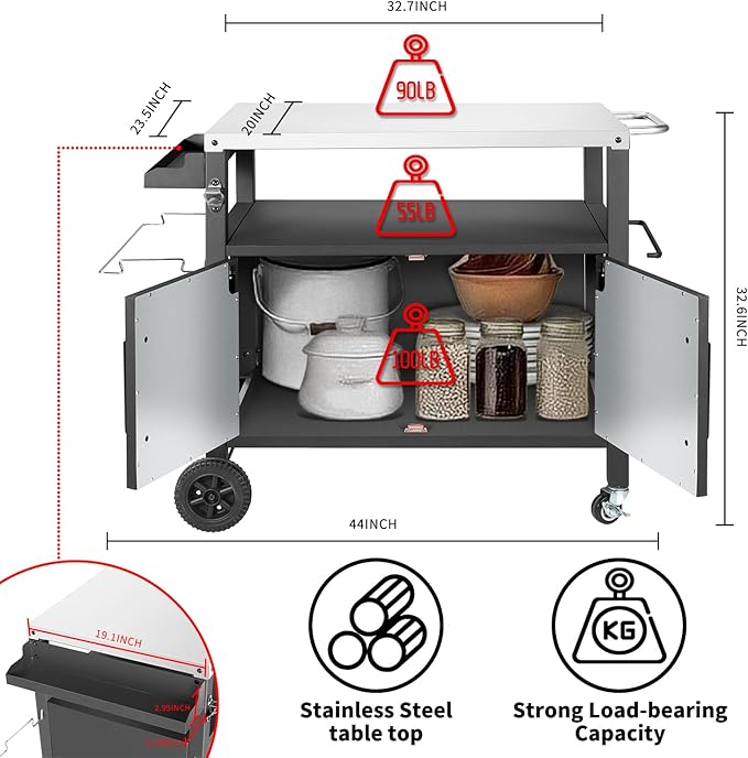 Grill Cart Table with Big Storage Cabinet, Movable Outdoor Dining Cart Pizza Oven Stand, Kitchen Cart Island Multifunction Food Prep Table Stainless Steel Surface