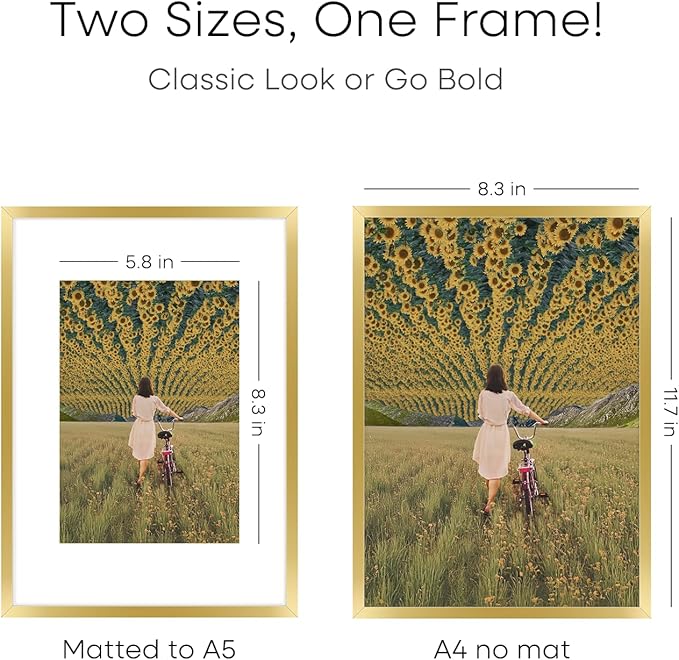 Homeforia A4 Gold Picture Frame, High End Metal 8.3 x 11.7 Frames for Wall or Tabletop, Gold A4 Certificate Frame with Mat A5, 8.3x11.7 Frames Matted to 5.8x8.3 Art, Tempered Glass, Wall Kit, Set of 1