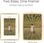 Homeforia A4 Gold Picture Frame, High End Metal 8.3 x 11.7 Frames for Wall or Tabletop, Gold A4 Certificate Frame with Mat A5, 8.3x11.7 Frames Matted to 5.8x8.3 Art, Tempered Glass, Wall Kit, Set of 1