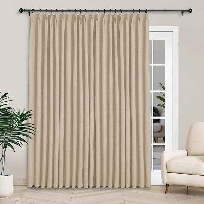 Macochico 100”Wx102”L 100% Blackout Pinch Pleated Linen Curtains for Sliding Door Bedroom Living Room Farmhouse Thermal Insulated Sand Beige Burlap Drapes with Tieback 1 Panel Shabby Chic Style