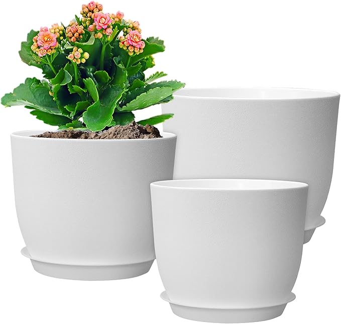 12/10/9 inch Large Plant Pots, 3 Pack Modern Decorative Plastic Planters with Drainage Holes and Saucers, Flower Pots for Indoor Outdoor Plants, White