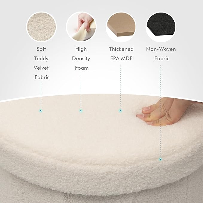 B FSOBEIIALEO Storage Ottoman Cube, Round Ottomans with Storage Foot Stool Footrest for Lving Room, Boucle Ottoman Seat for Dorm Room,Faux Teddy Fur, Cream White 15"x15"x15"