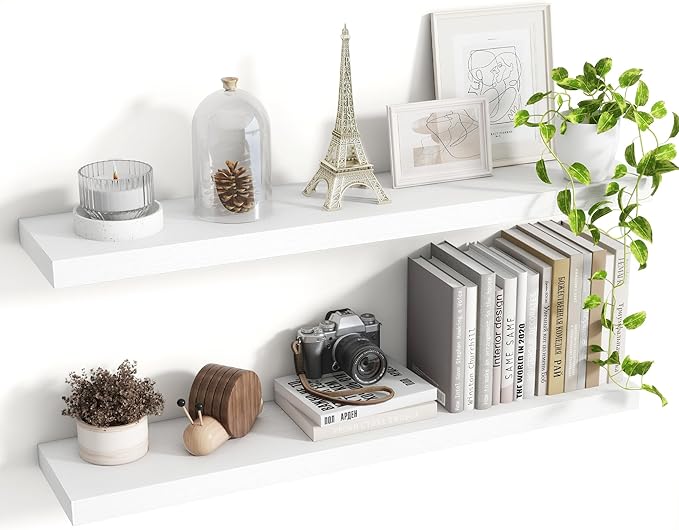 36 Inch Floating Shelves, 8 Inch Deep Floating Shelves for Wall, Hanging Shelf with Invisible Brackets, Deep Shelves for Bathroom, Bedroom, Living Room, White, Set of 2