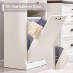 Modern Tilt-Out Trash Can Cabinet, 10 Gallon Fluted Laundry Hamper Cabinet with Drawers, Wooden Hidden Garbage Can Cabinets with Storage Basket, Free Standing for Kitchen and Living Room, White