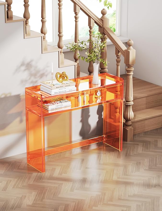 Acrylic Console Table, Entryway Table with Storage Shelves (1, 39.4 * 31.5 * 11.7 inches) (Orange)