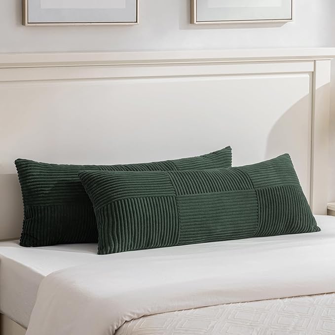 Fancy Homi Set of 2 Dark Green Boho Long Lumbar Body Decorative Throw Pillow Cover 14x36 Inch for Bed Couch Bedroom Bench, Soft Patchwork Corduroy Textured Pillow Case, Rustic Farmhouse Room Decor