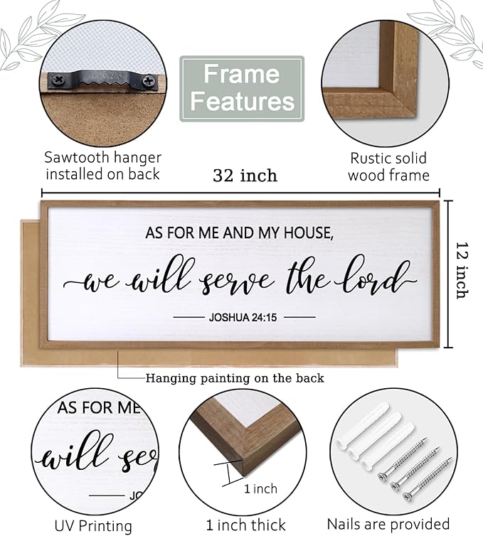 As For Me And My House We Will Serve The Lord Framed Wall Art, 32''×12'' Horizontal Positive Religious Rustic Bible Verse, Vintage Holy Catholic Scripture Decor for Christian God Jesus Christ Prayer
