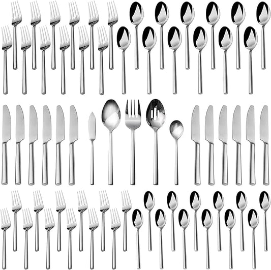 Alata Potter 65-Piece Forged Silverware Set, Service for 12 – Premium Stainless Steel Flatware Set, Modern Design with Satin Finish, Ideal for Home, Kitchen, Party, Camping