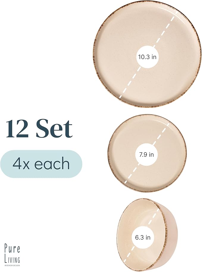 Stoneware dinnerware set 4 persons Rustic 12 pcs - Rustic design dinnerware set, dishwasher safe - Bowl and plate set - Pure Living dinnerware in beige…