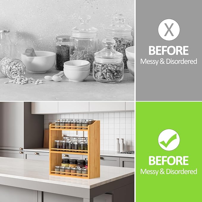 Bamboo Spice Rack Organizer, 3 Tier Spice Jars Shelf for Kitchen Countertop or Wall Mounting
