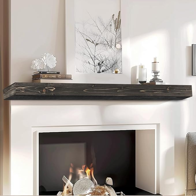 72x8x3 Fireplace Mantel - Handcrafted Hollow Rustic Solid Wood Wall Mounted Floating Shelf with Invisible Heavy Duty Wood Bracket (Weathered Black)