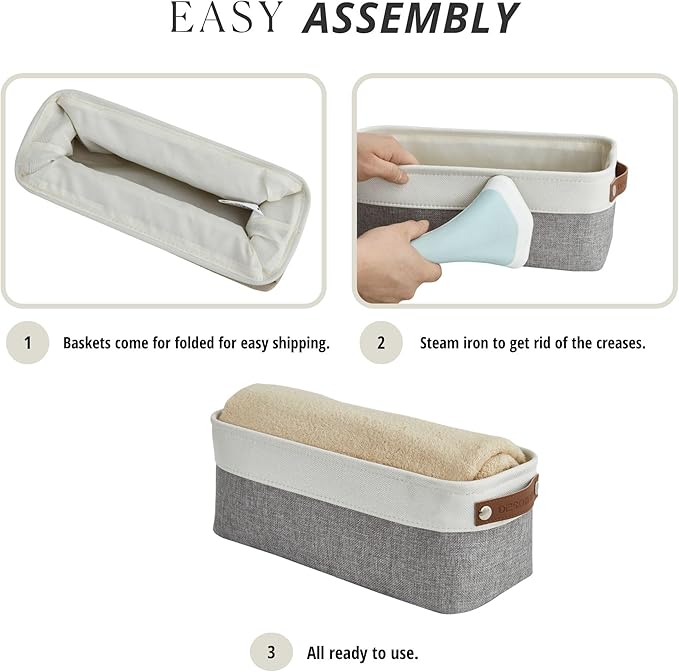 DECOMOMO Narrow Storage Bins Small Baskets for Organizing Bathroom, Toilet Tank, Towel Storage, Entryway, Gifts (Grey and White - Set of 4)