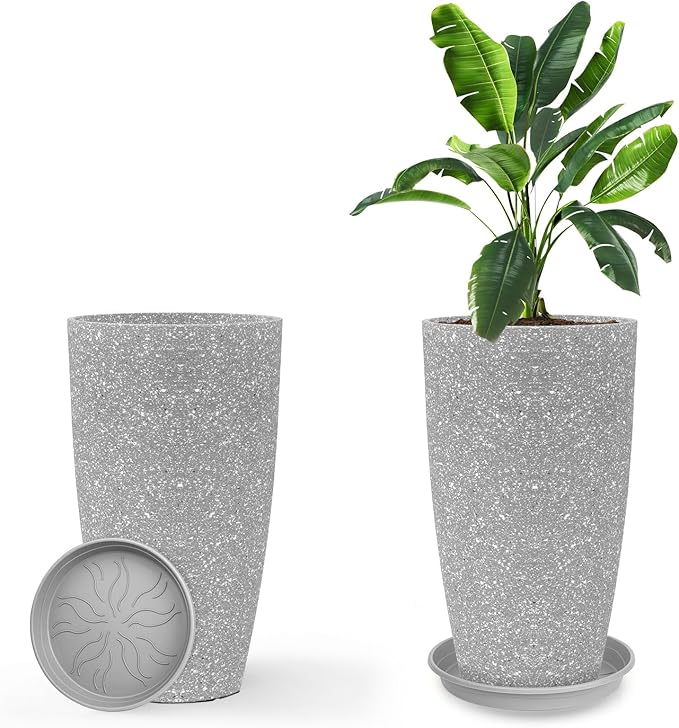 Tall Flower Pot Indoor - Outdoor Plant Pot - Gray Rough Planter - Elegant Stone Imitation - 12" Diameter 21" Tall with Drainage Holes and Saucer